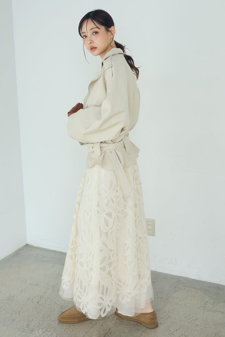 [SET]ベルト付きスタンドネックアウター+ニュアンス柄刺繍スカート(2set)