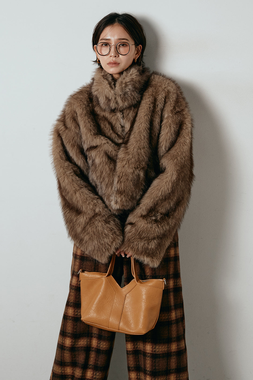 [SET]エコファーショート丈ブルゾン+ルーズタータンチェックワイドパンツ(2set)