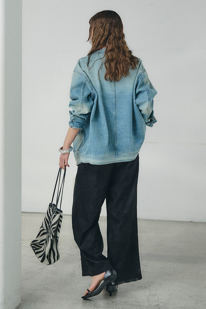 [SET]ノーカラーデニムポケットジャケット+レースサロペット(2set)