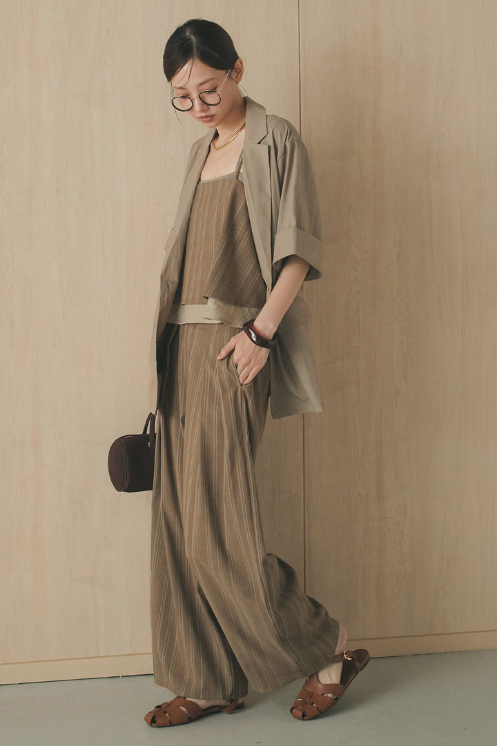 [SET]リネンライクテーラードハーフスリーブジャケット+リネンストライプタックワイドパンツ+リネンストライプレイヤードキャミ(3set)