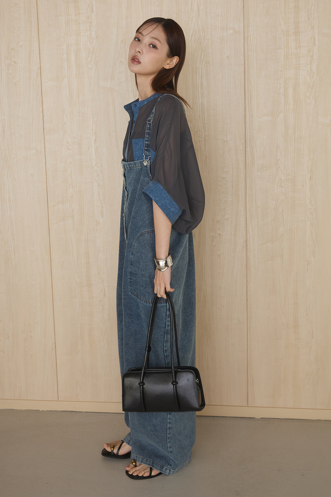 [SET]デニムライクビッグツーポケシアーシャツ+フロントボタンデニムサロペット(2set)