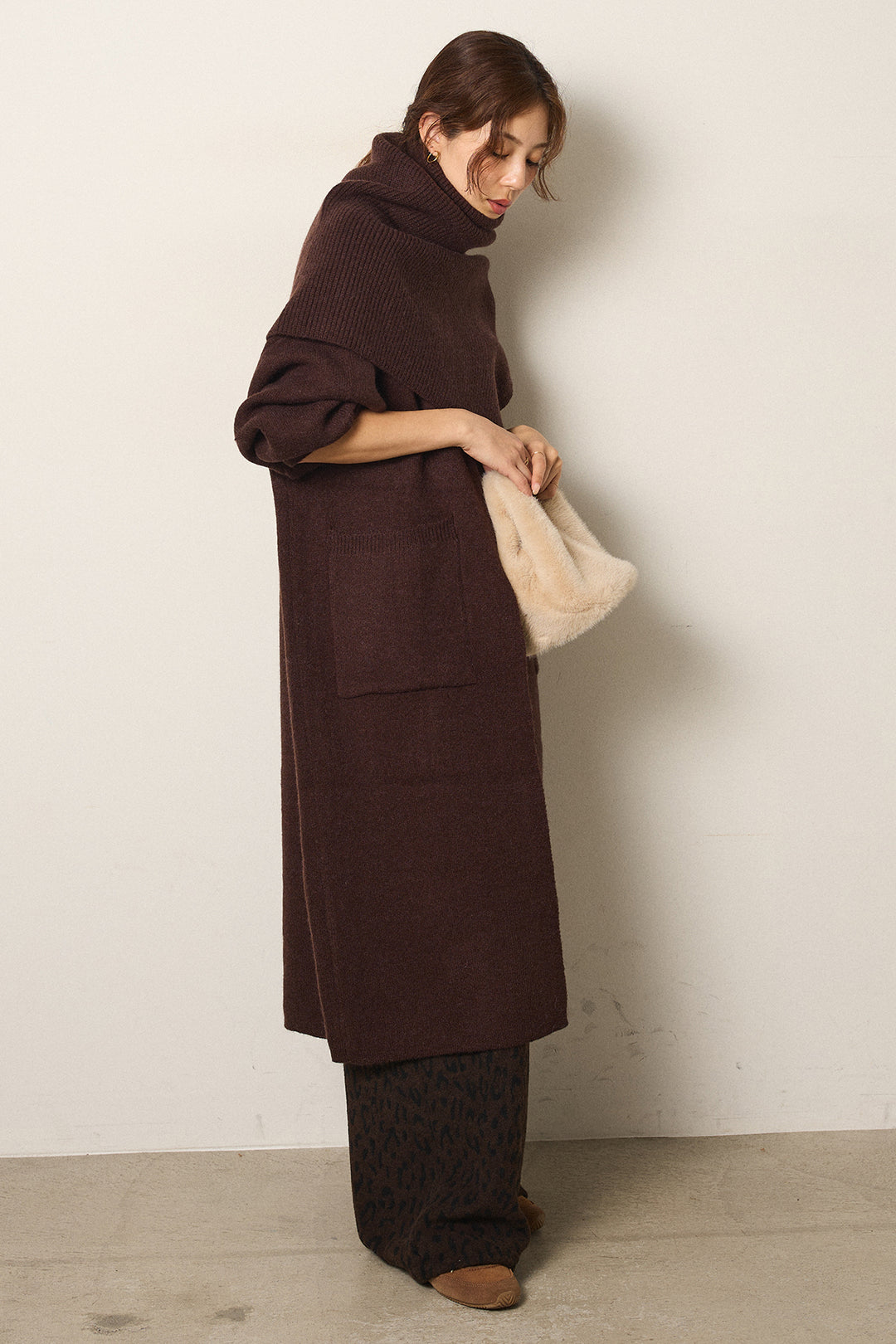 [SET]ケープレイヤードロングカーディガン+レオパードジャガードニットパンツ(2set)