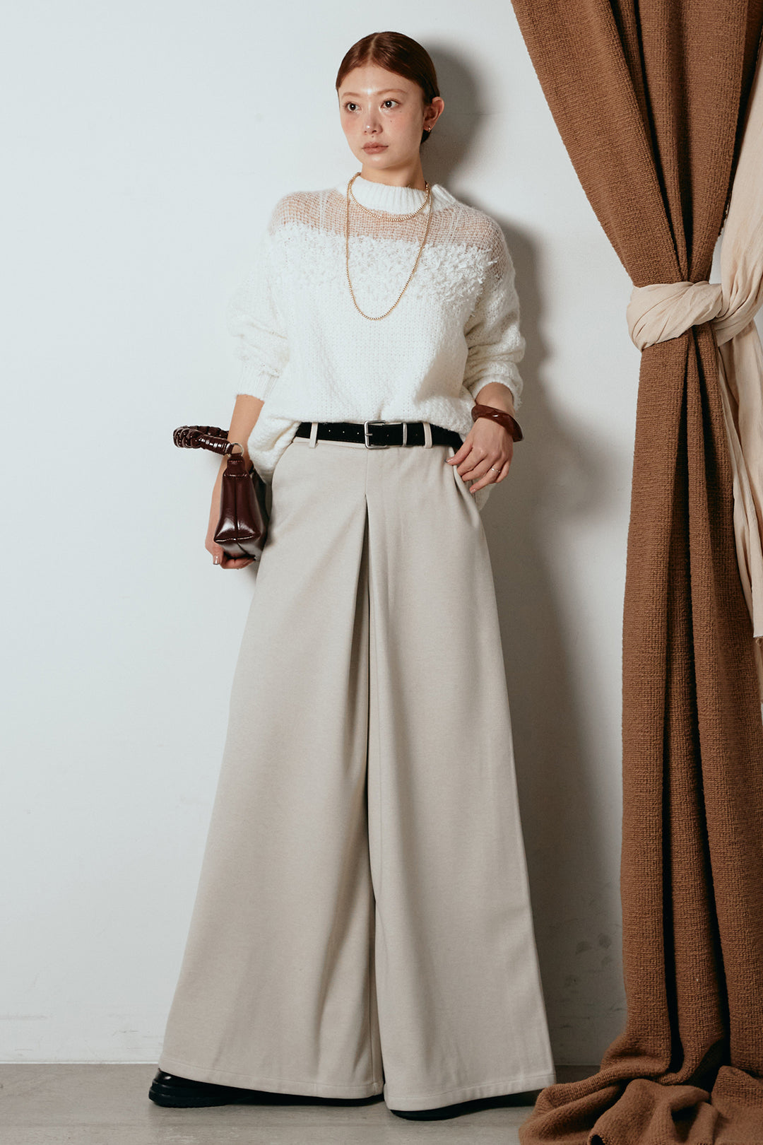 [SET]パターンランダム編みニットトップス+ベルト付きフロントタックデザインパンツ(2set)