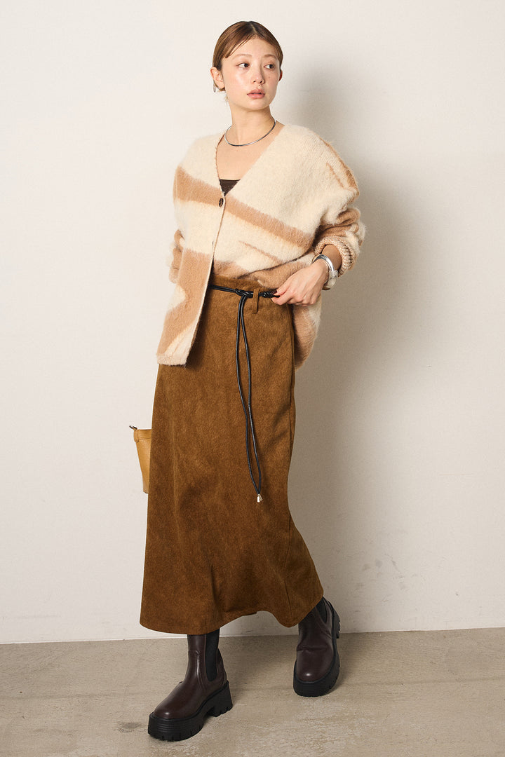 [SET]アクセントブラッシュドカーディガン+ロープベルト付きスウェード調スカート(2set)