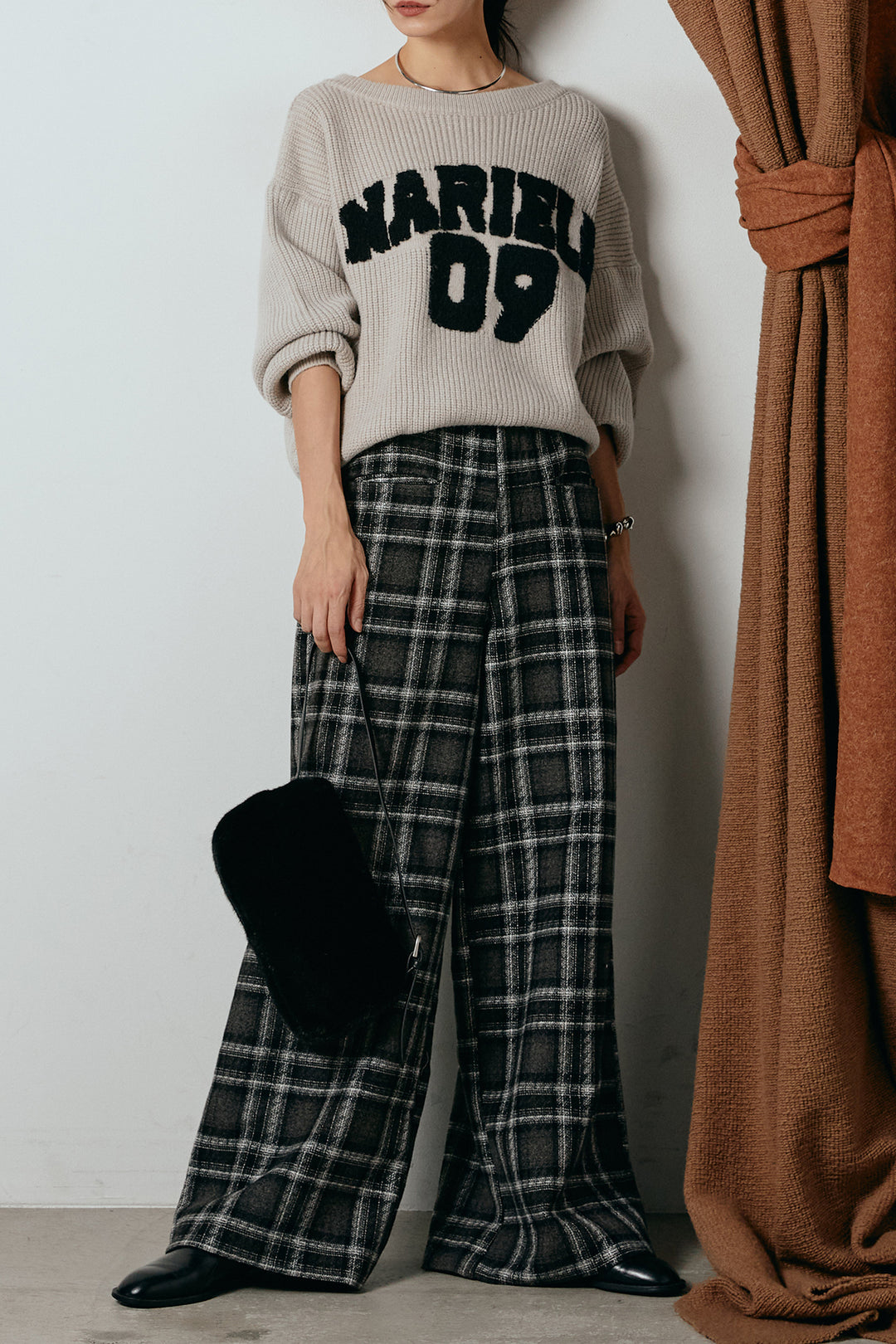 [SET]ロゴジャガードニットトップス+ルーズタータンチェックワイドパンツ(2set)