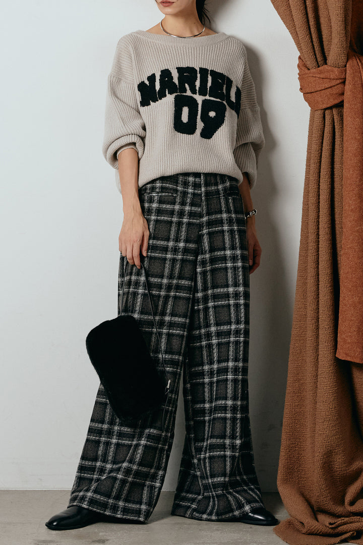 [SET]ロゴジャガードニットトップス+ルーズタータンチェックワイドパンツ(2set)