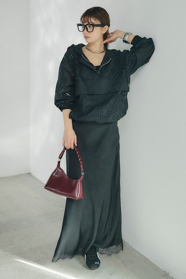 [SET]レースハーフジップアップフーディー+バイアスナローサテンスカート(2set)