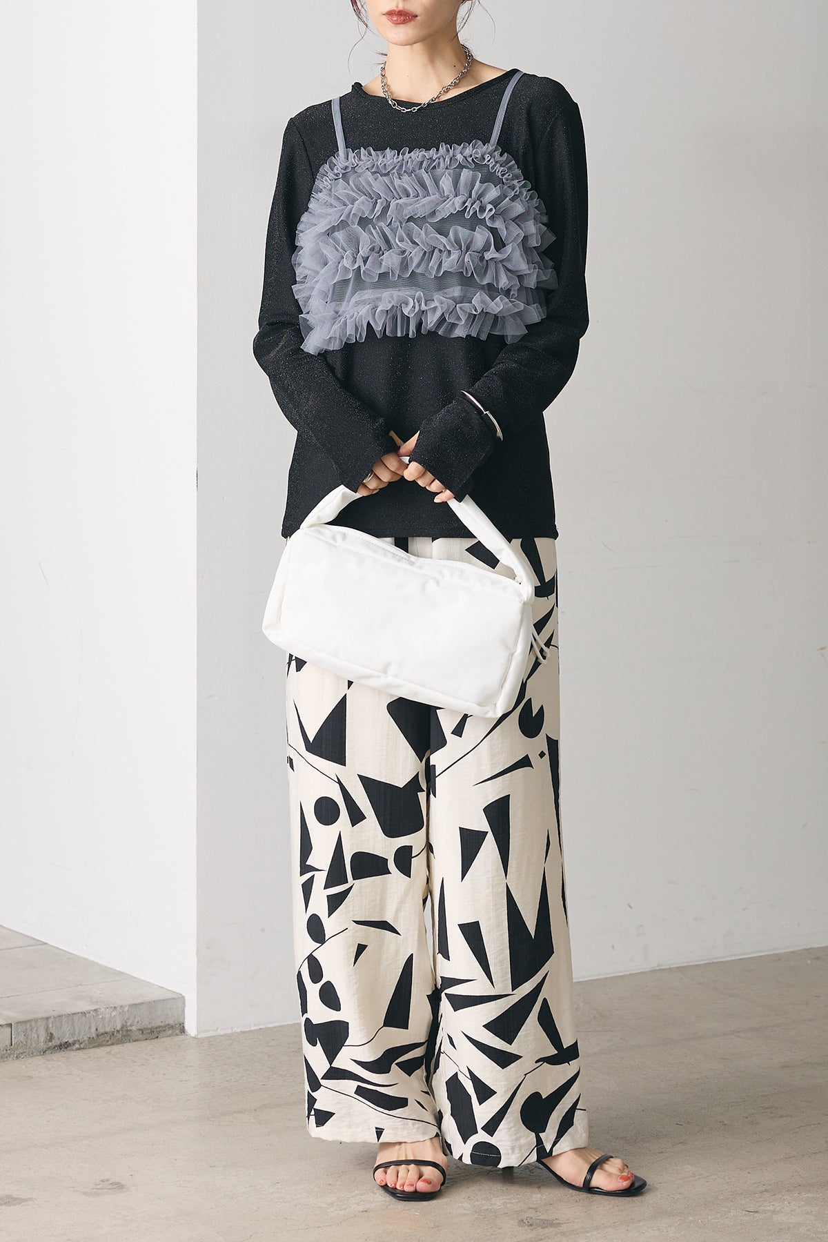 SET]マルチWAYチュールビスチェ付きラメトップス+リネンタッチキカ柄