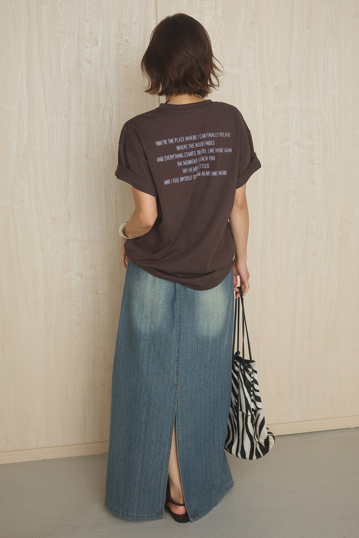 [SET]英字フロントロゴプリントTシャツ+ベルト付きデニムタイトスカート(2set)