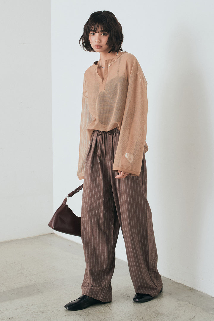 [SET]メッシュカットソースキッパープルオーバー+リネンライクストライプタックイージーパンツ(2set)