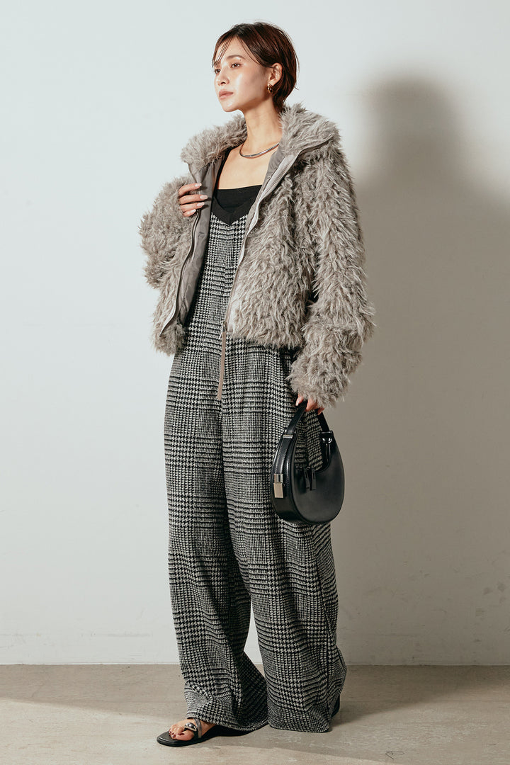 [SET]ミックスシープファースタンドブルゾン+前後2wayグレンチェック柄スカーチョサロペット(2set)