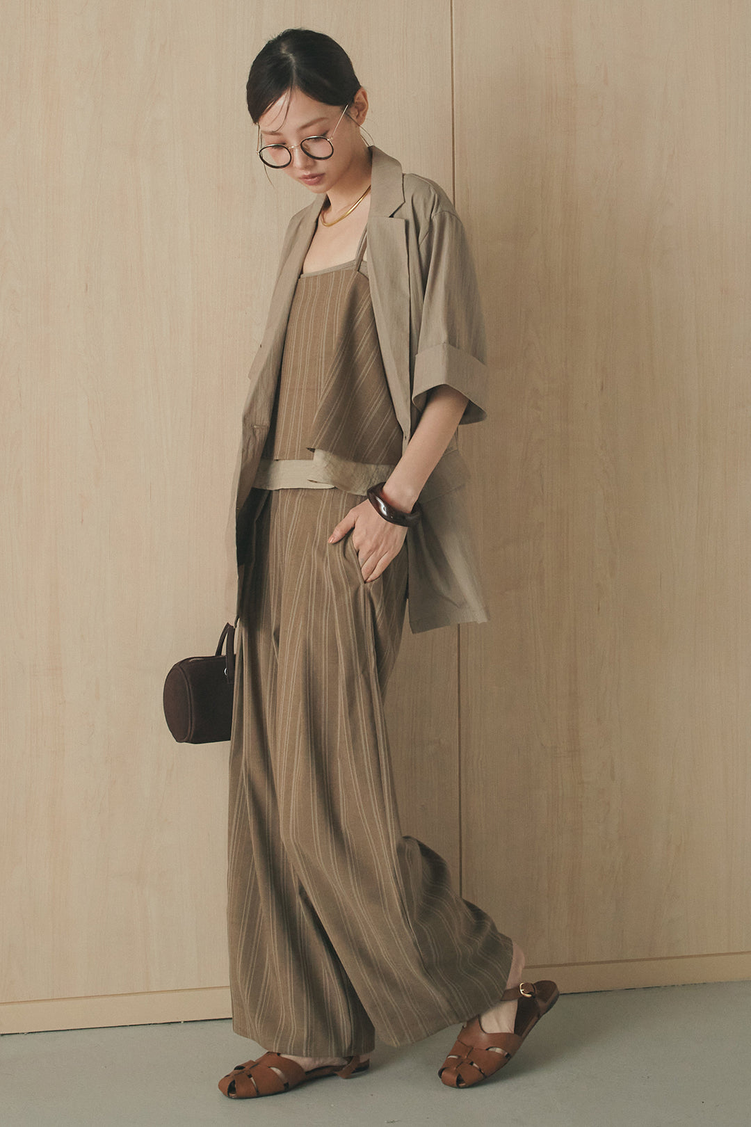 [SET]リネンストライプレイヤードキャミ+リネンストライプタックワイドパンツ(2set)