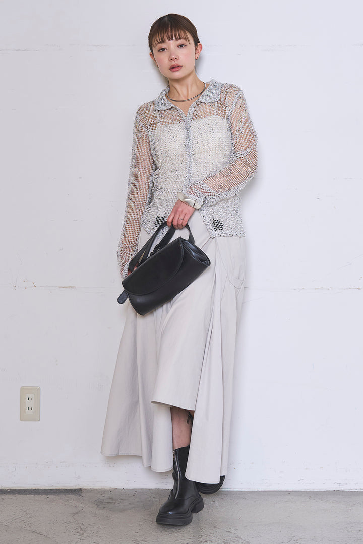 [SET]ネップメッシュポロ襟カーディガン+ラップレイヤードアシンメトリーデザインスカート(2set)