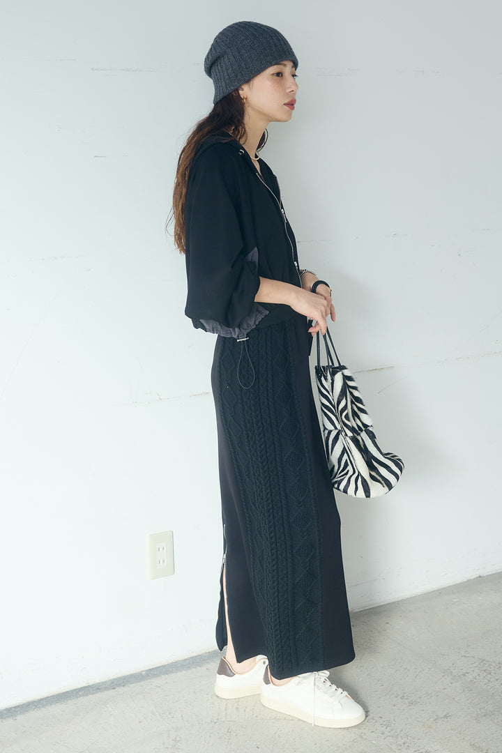 [SET]ドルマンショートフーディー+異素材ドッキングケーブルニットスカート(2set)