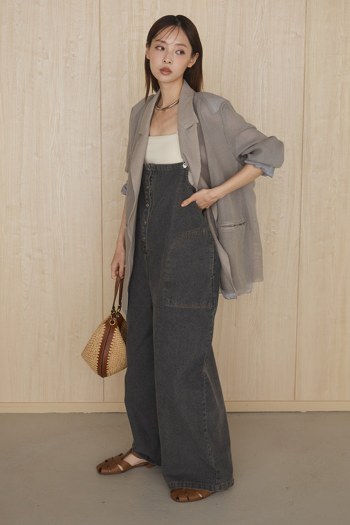 [SET]メッシュテーラードワイドジャケット+フロントボタンデニムサロペット(2set)