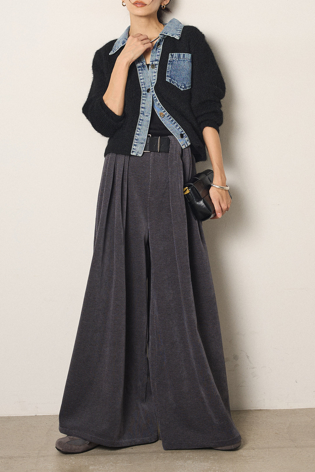 [SET]襟付きデニム切替ニットカーディガン+ベルトループコーデュロイワイドパンツ(2set)
