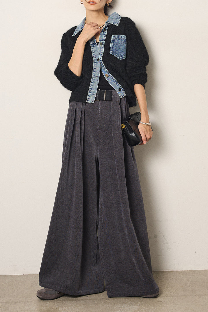 [SET]襟付きデニム切替ニットカーディガン+ベルトループコーデュロイワイドパンツ(2set)