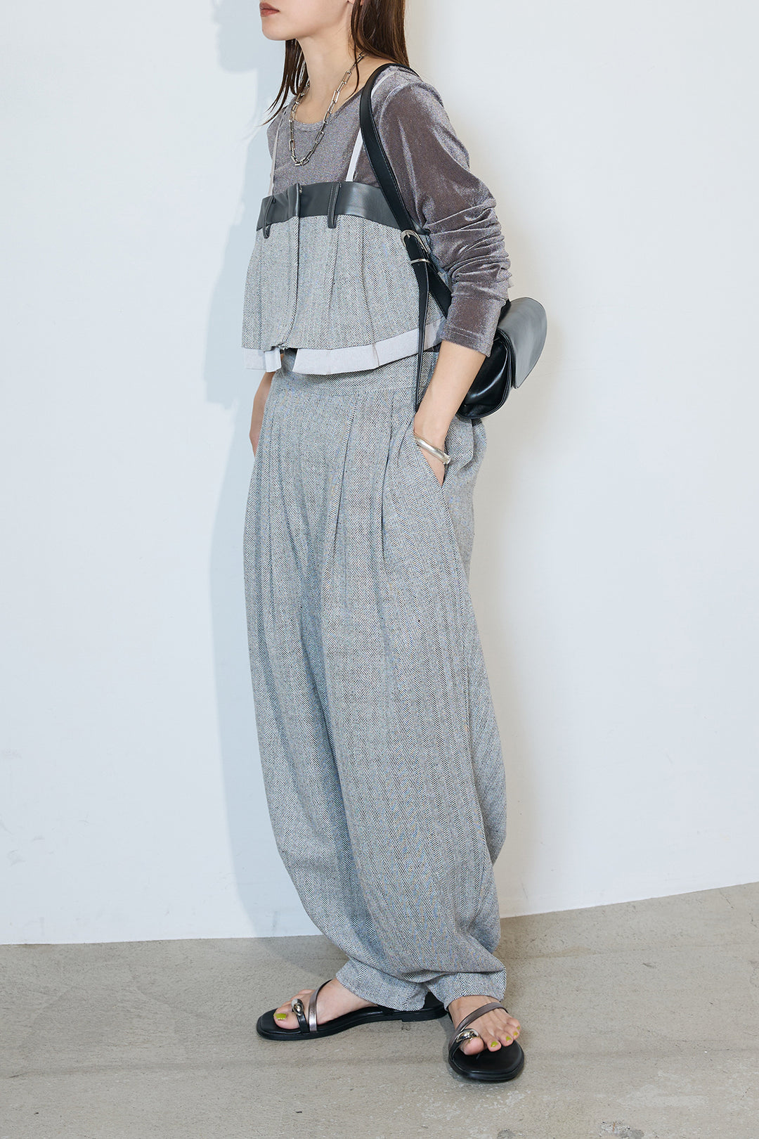 【155cmモデル着用】[SET]バリアスパターンビスチェ+ヘリンボーンタックパンツ(2set)