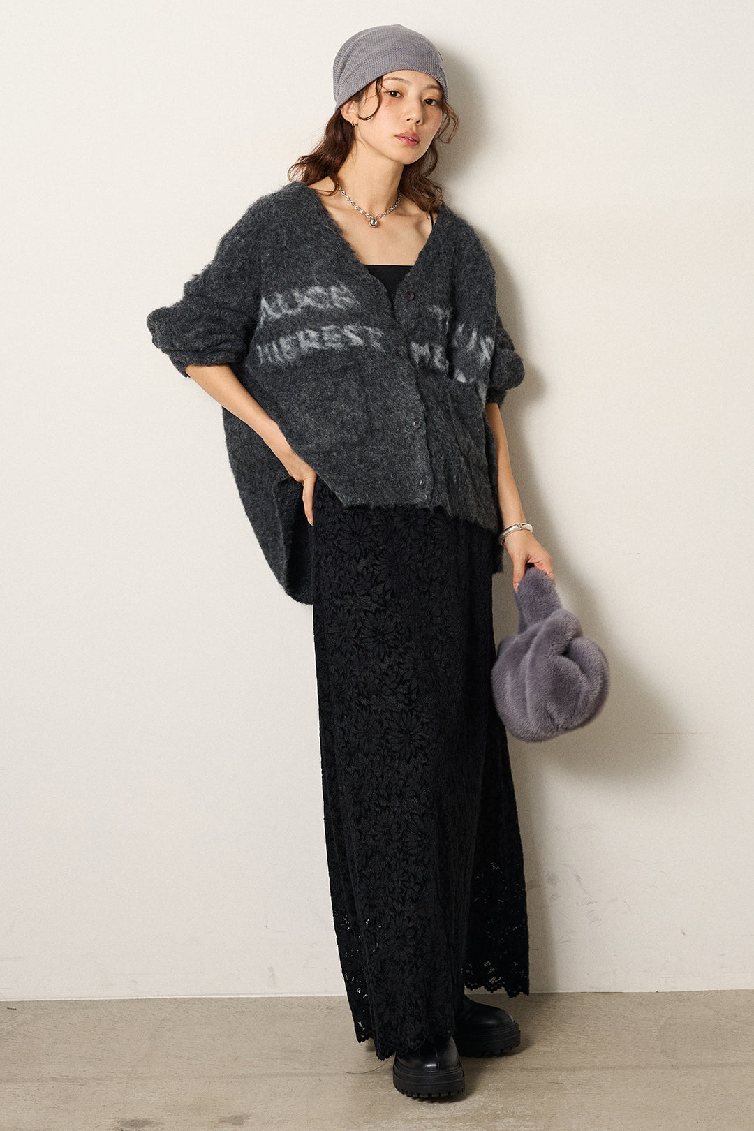 [SET]ウール混透かしロゴニットカーディガン+花柄刺繍ベロアフレアスカート(2set)