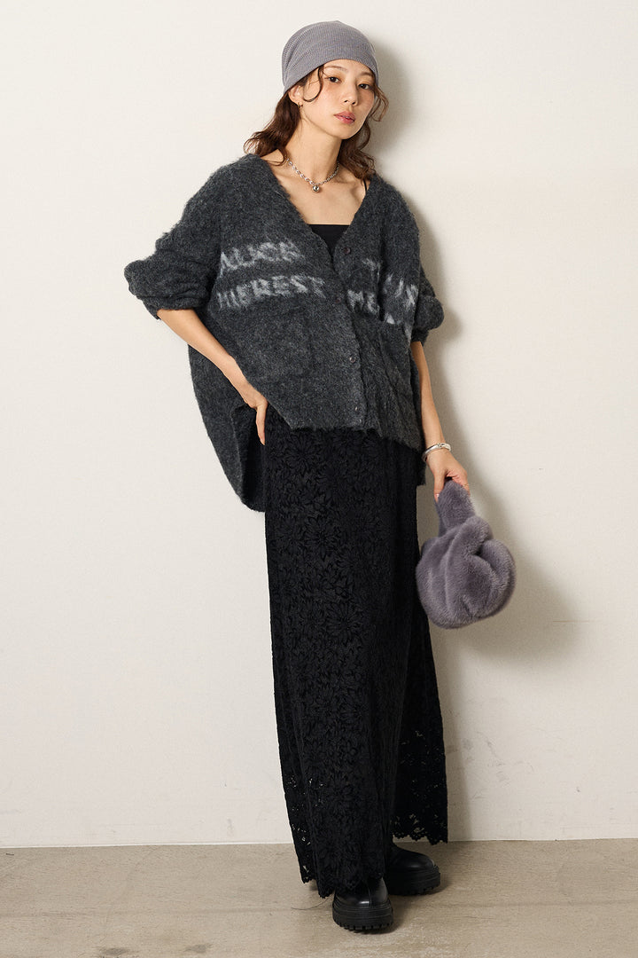 [SET]ウール混透かしロゴニットカーディガン+花柄刺繍ベロアフレアスカート(2set)