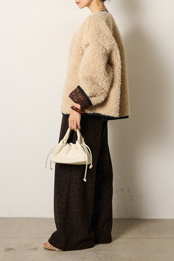 [SET]ノーカラー裏地レオパードボアアウター+レオパードジャガードニットパンツ(2set)