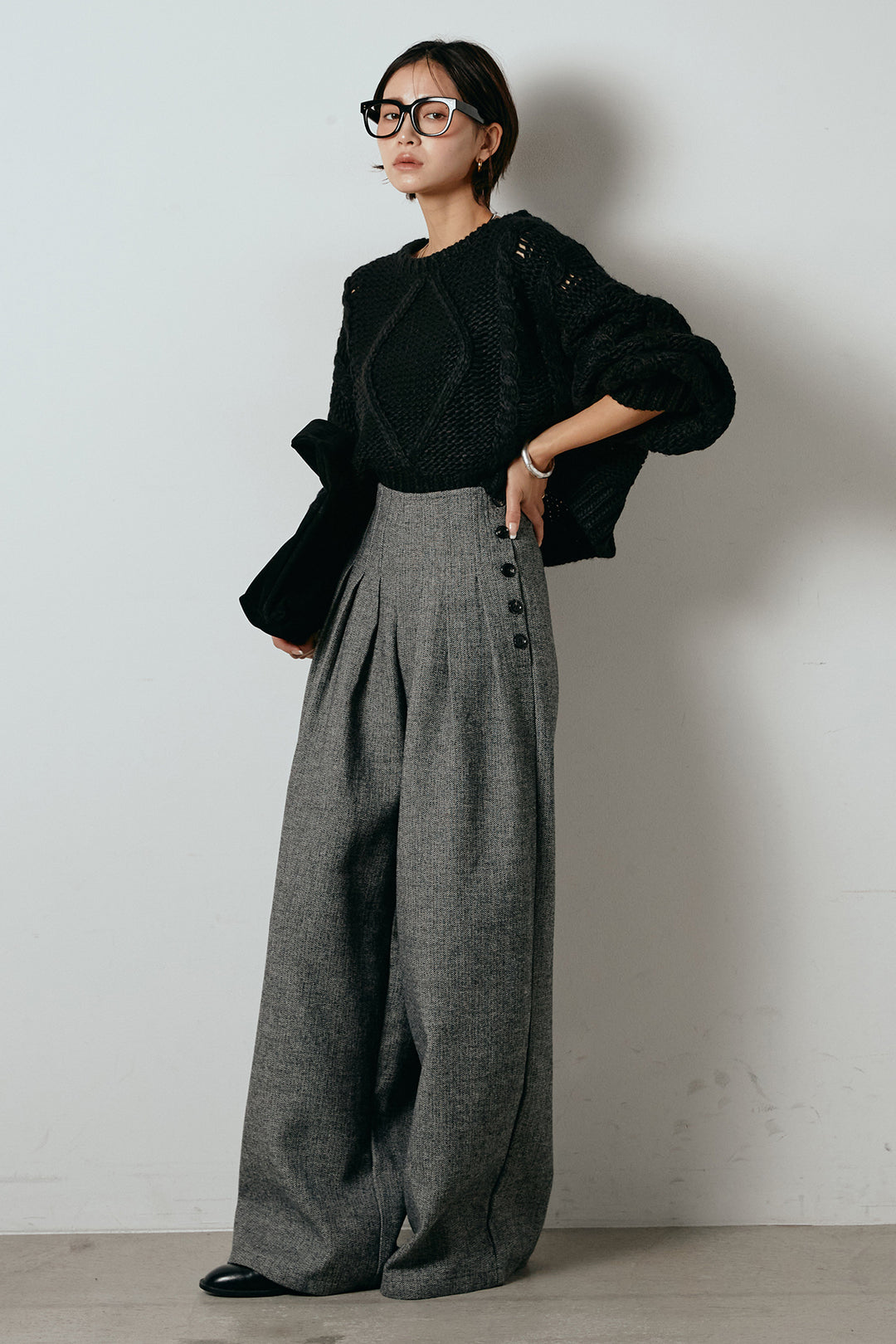 [SET]ロービングケーブルショート丈プルオーバー+サイドボタンツイードタックパンツ(2set)