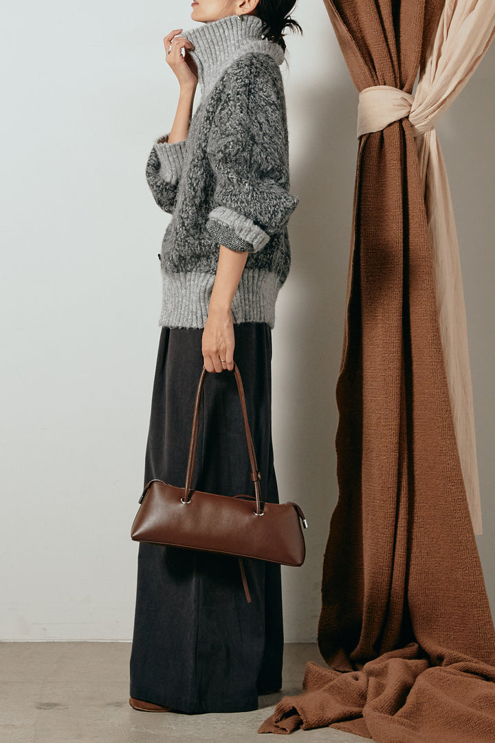 [SET]ハイネックミックスニットトップス+太ベルト付きコーデュロイタックパンツ(2set)