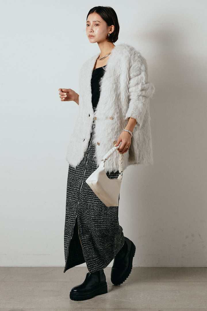 [SET]ウェーブシャギーニットジャケット+グレンチェック柄フロントジップタイトスカート(2set)