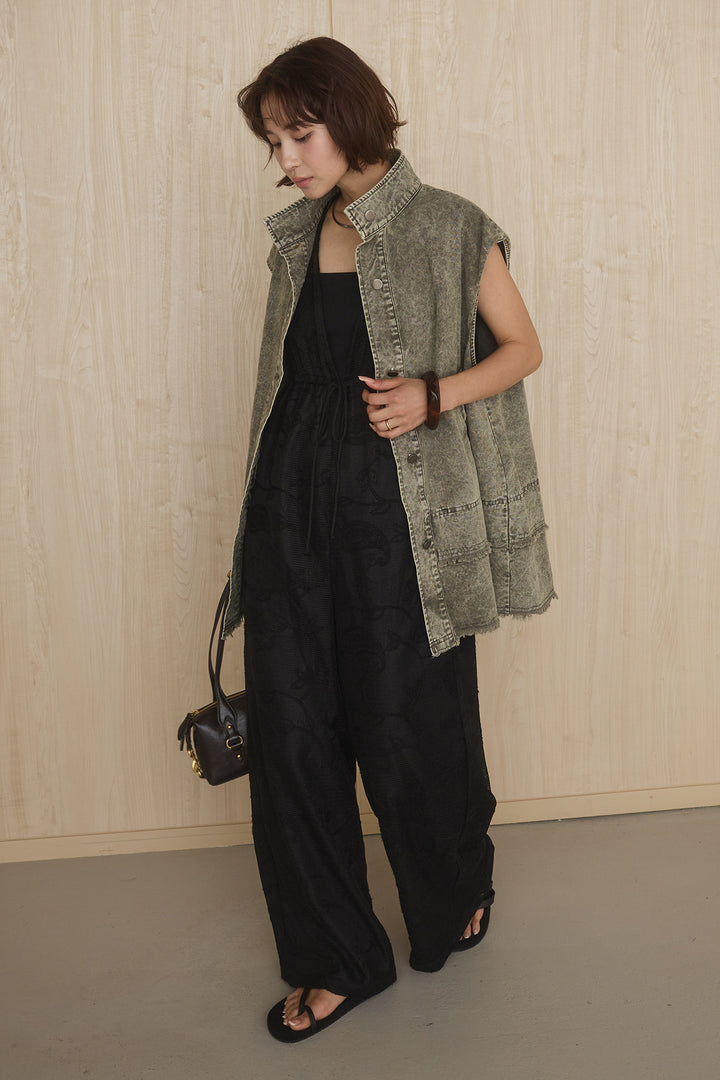 [SET]ケミカルデニムヘムカットオフジレ+レースサロペット(2set)