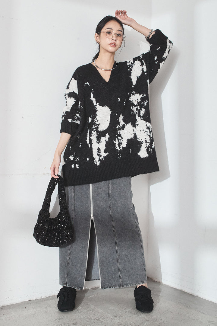 [SET]アブストラクト柄ニットプルオーバー+フロントジップデニムスカート(2set)