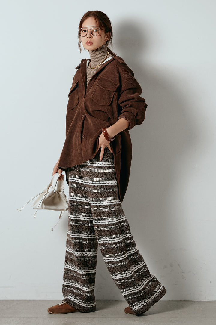 [SET]襟付きコーデュロイポケットシャツ+マルチライン柄リラックスニットパンツ(2set)