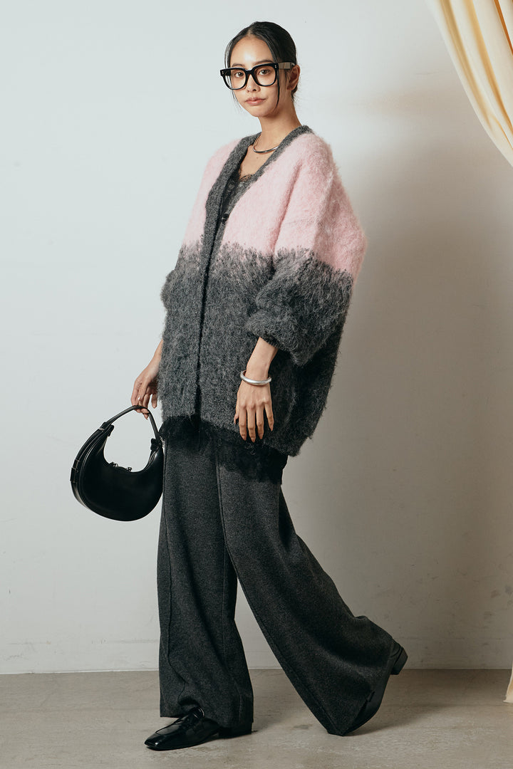 [SET]起毛グラデーションニットカーディガン+レース切り替えキャミソール+センターラインニットパンツ(3set)