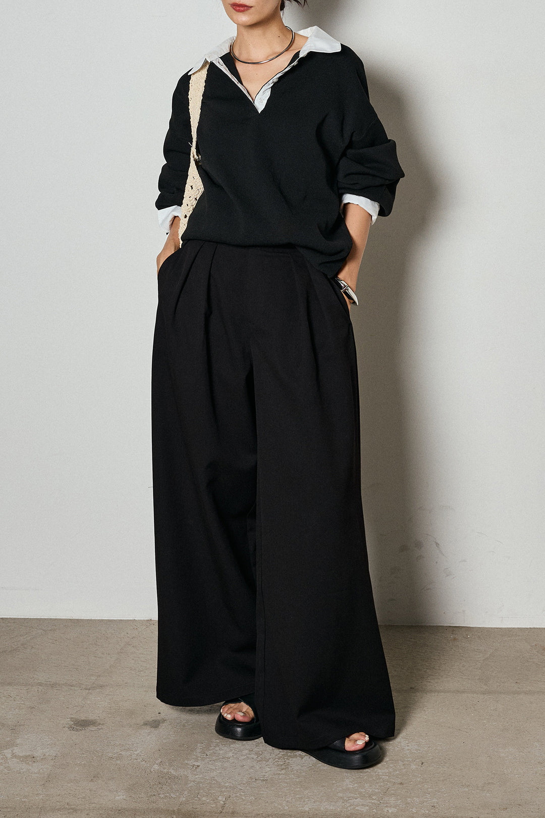 【即納】ウエストベルト付きタックワイドパンツ