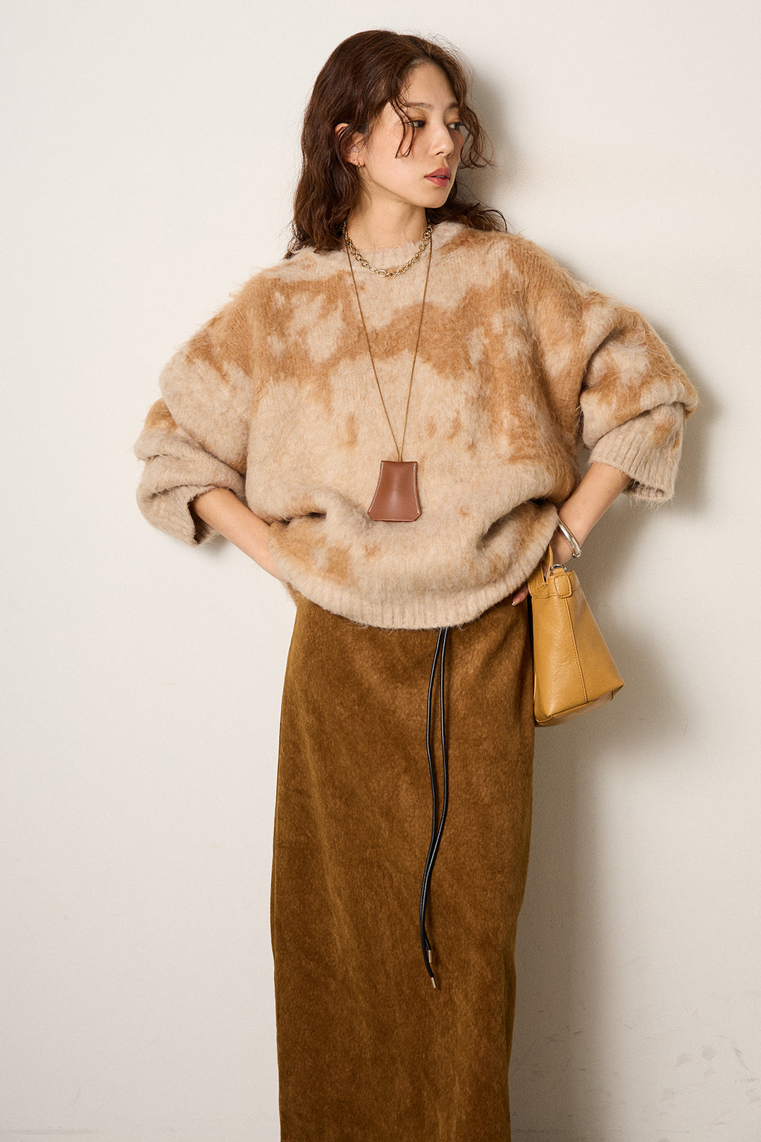 【着回しセット】[SET]モヘアタッチマーブルニット+モヘアタッチマーブルニット+ロープベルト付きスウェード調スカート(3set)