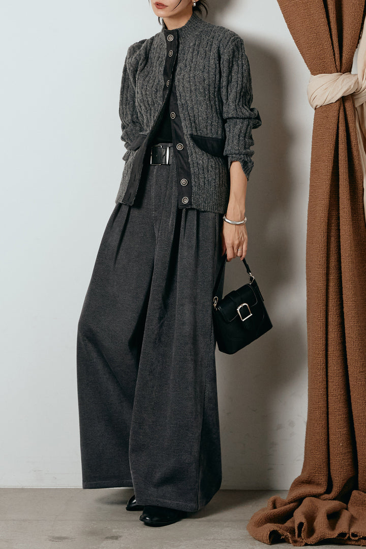 [SET]ボトルネックケーブルニットカーディガン+ベルトループコーデュロイワイドパンツ(2set)