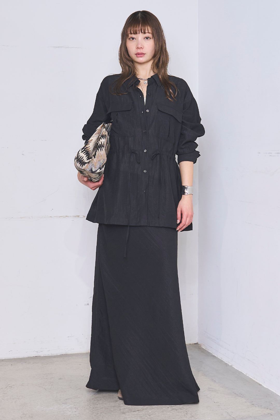 [SET]リネンブレンドシアーサファリシャツ+リネンブレンドロングナロースカート(2set)