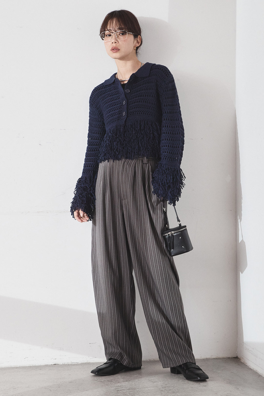[SET]メッシュフリンジカーディガン+ヘリンボーンストライプツータックパンツ(2set)