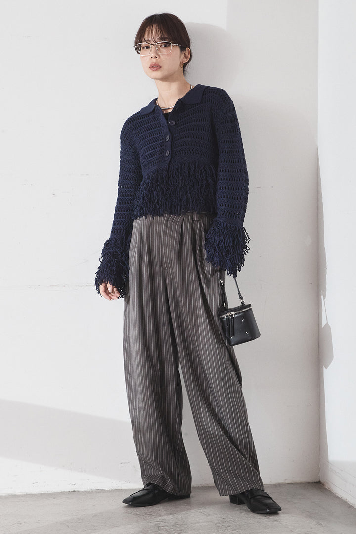 [SET]メッシュフリンジカーディガン+ヘリンボーンストライプツータックパンツ(2set)