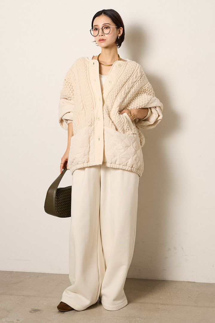 [SET]アラン編みニットノーカラー裾キルティングブルゾン+裏起毛スウェットワイドパンツ(2set)