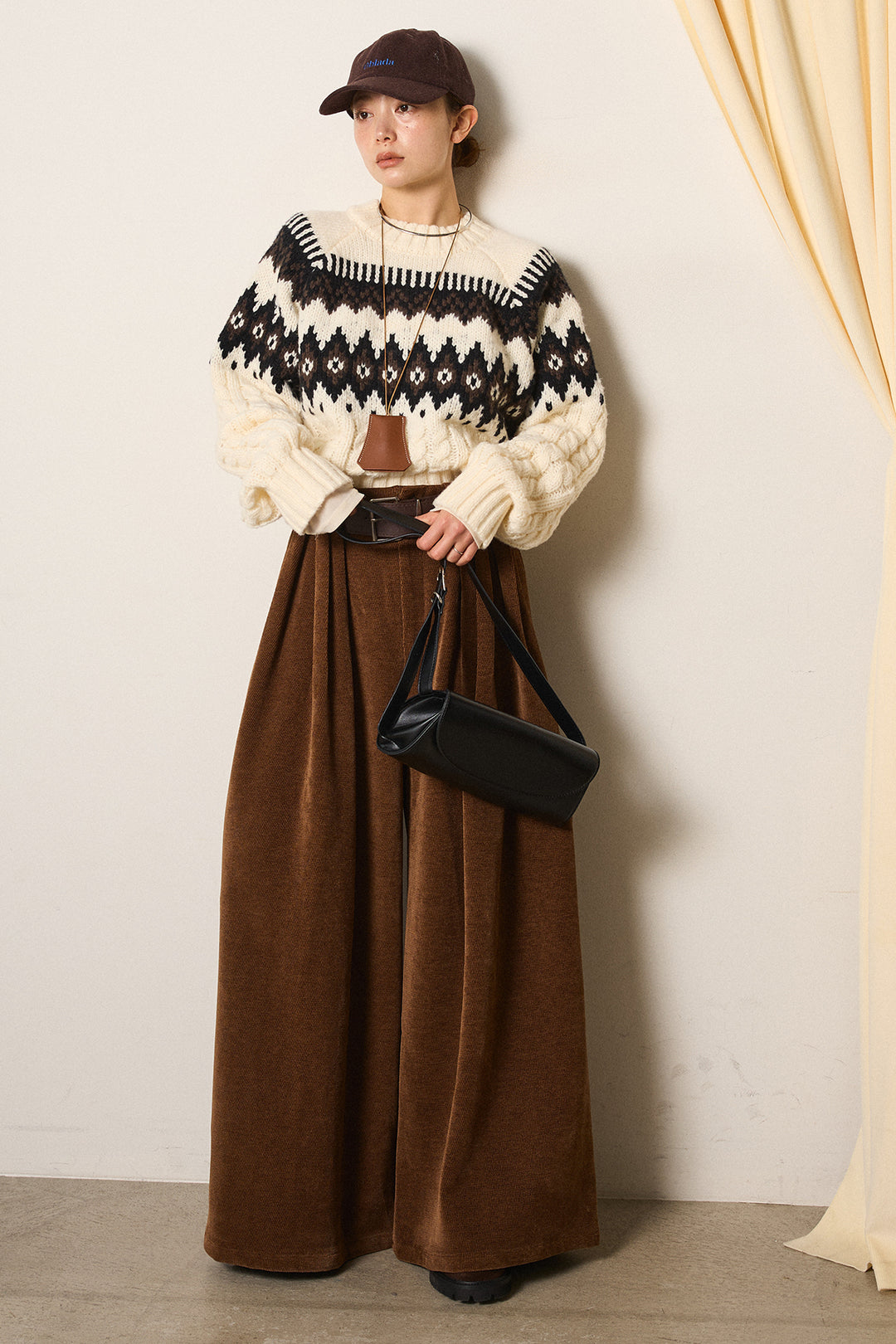 [SET]2WAY求心柄ジャガードショートカーディガン+ベルトループコーデュロイワイドパンツ+2WAY袖コード刺繍クルーネックプルオーバー(3set)