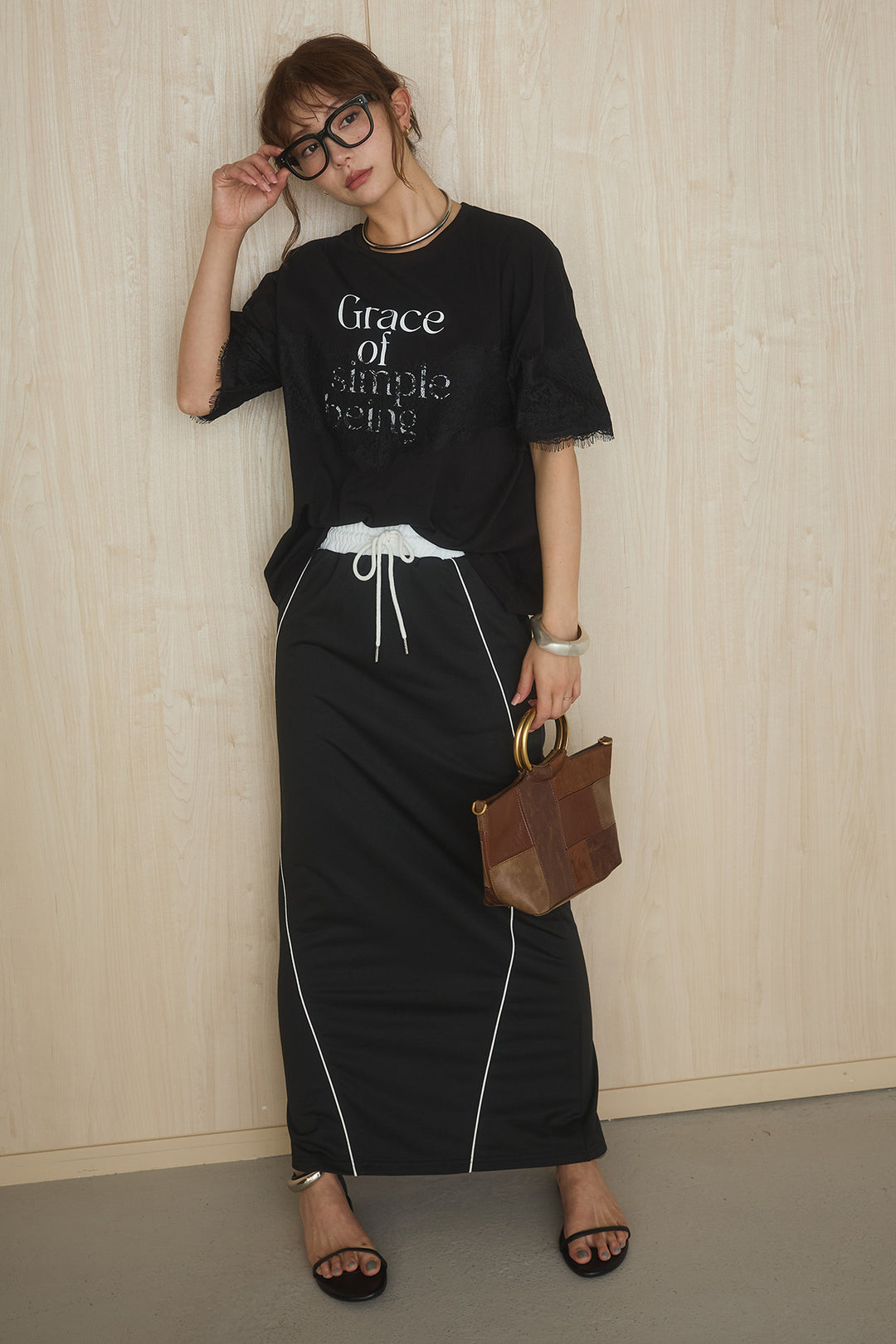 [SET]レースロゴプリントTシャツ+ミニ裏毛ストレートスカート(2set)