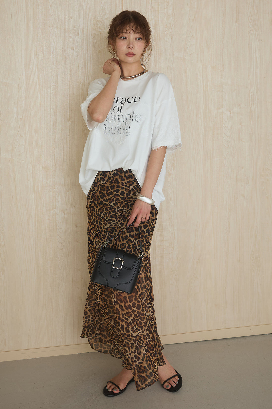 [SET]レースロゴプリントTシャツ+レオパード柄スカート(2set)