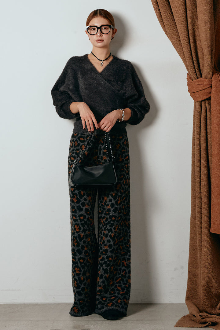 [SET]シャギーカシュクールニットトップス+リラックスレオパード柄ニットパンツ(2set)