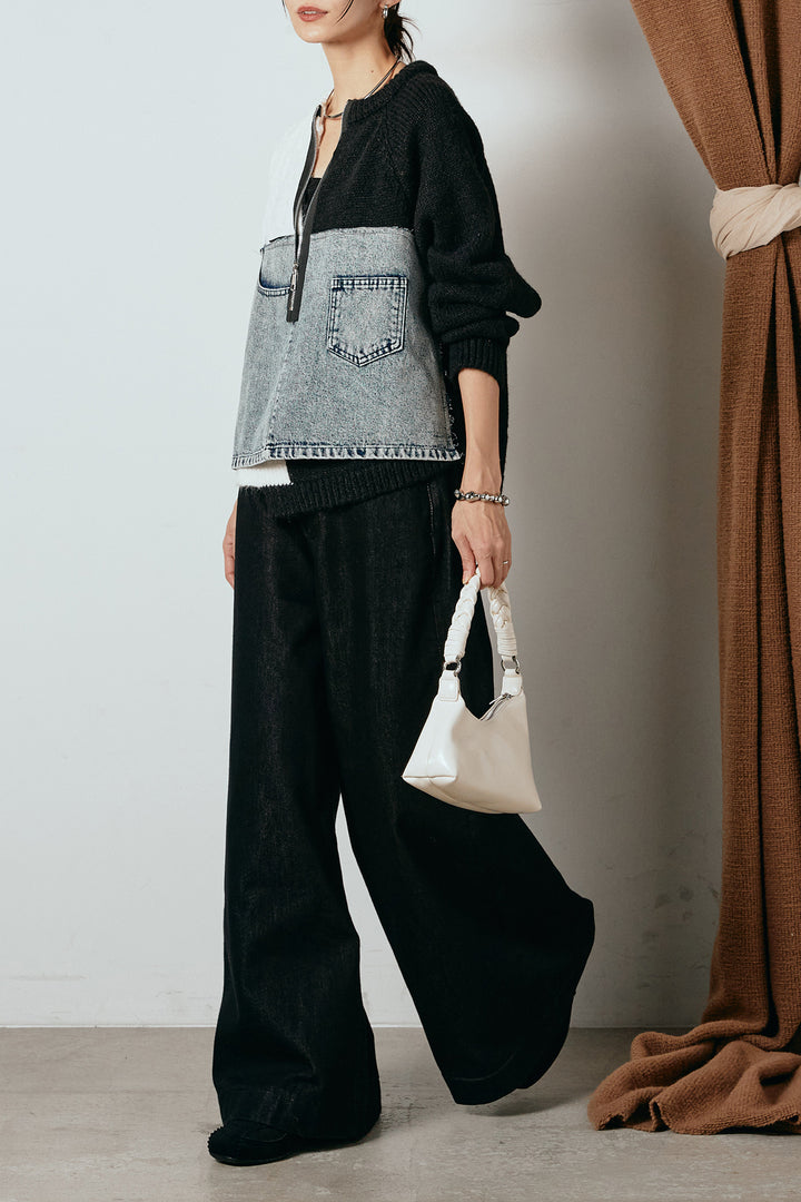 [SET]ハーフジップニットデニムドッキングトップス+ウエストダブルボタンワイドデニムパンツ(2set)