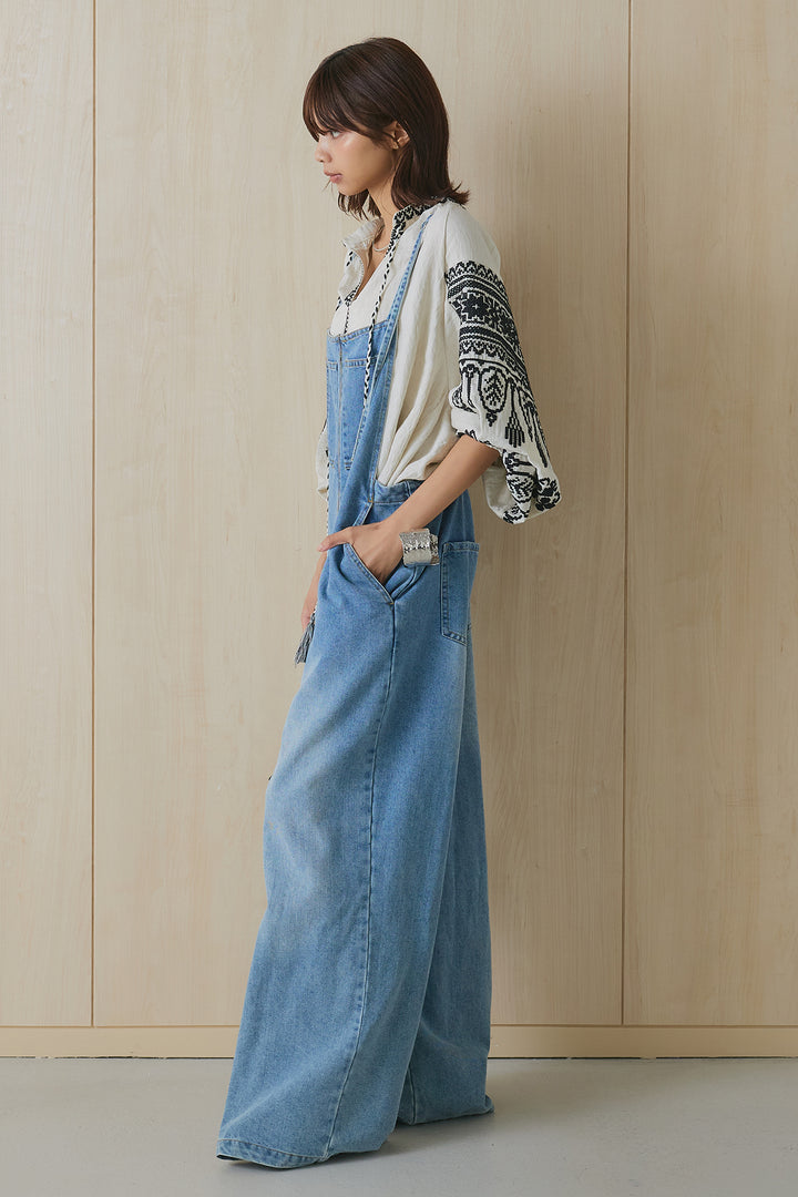 [SET]エスニック刺繍パフスリーブブラウス+フロントジップストラップデザインデニムサロペット(2set)