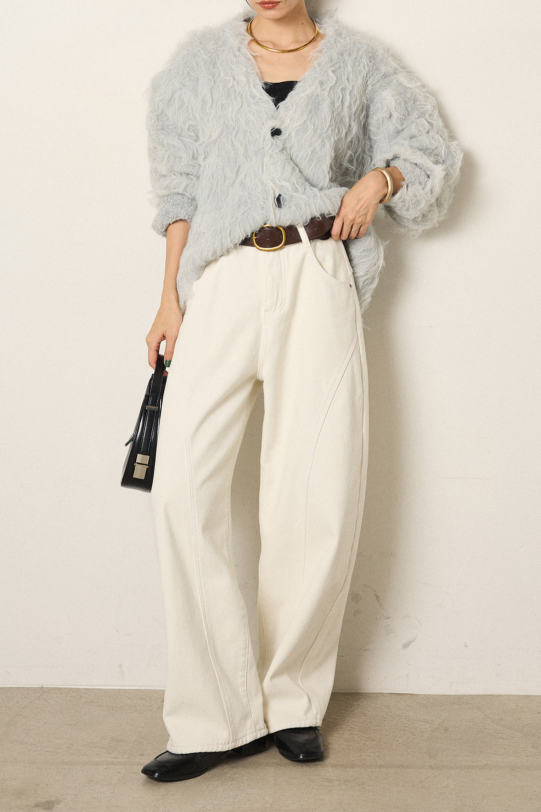 [SET]起毛シャギーニットカーディガン+ベルト付きカジュアルカーブワイドパンツ(2set)