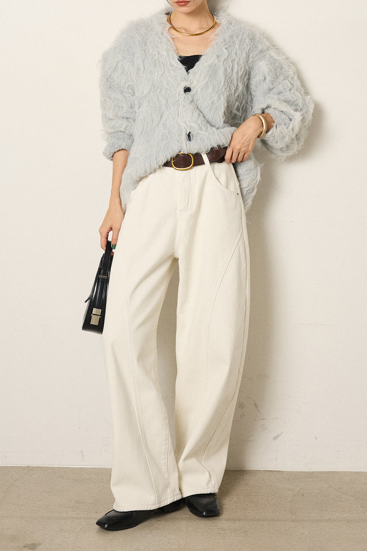 [SET]起毛シャギーニットカーディガン+ベルト付きカジュアルカーブワイドパンツ(2set)