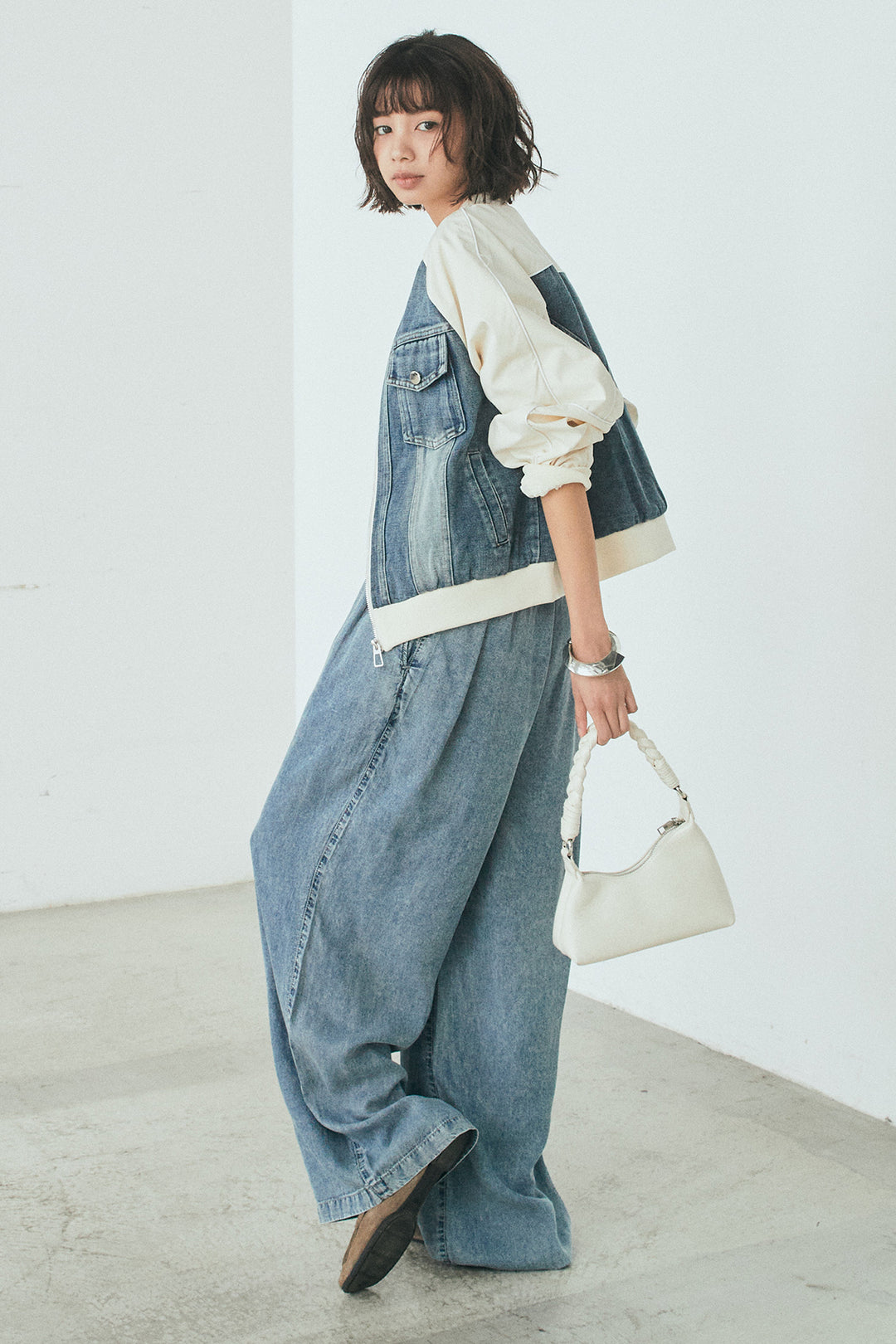 [SET]ナイロンデニムドッキングブルゾン+テンセルデニムイージーワイドパンツ(2set)