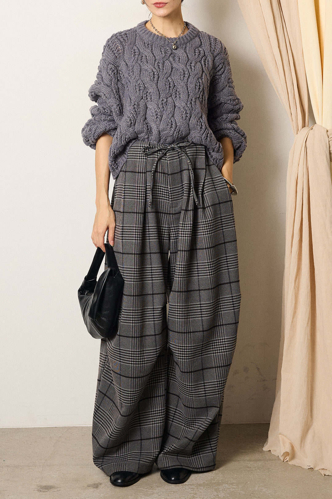 [SET]ケーブルリラックスショートニット+グレンチェックルーズタックパンツ(2set)