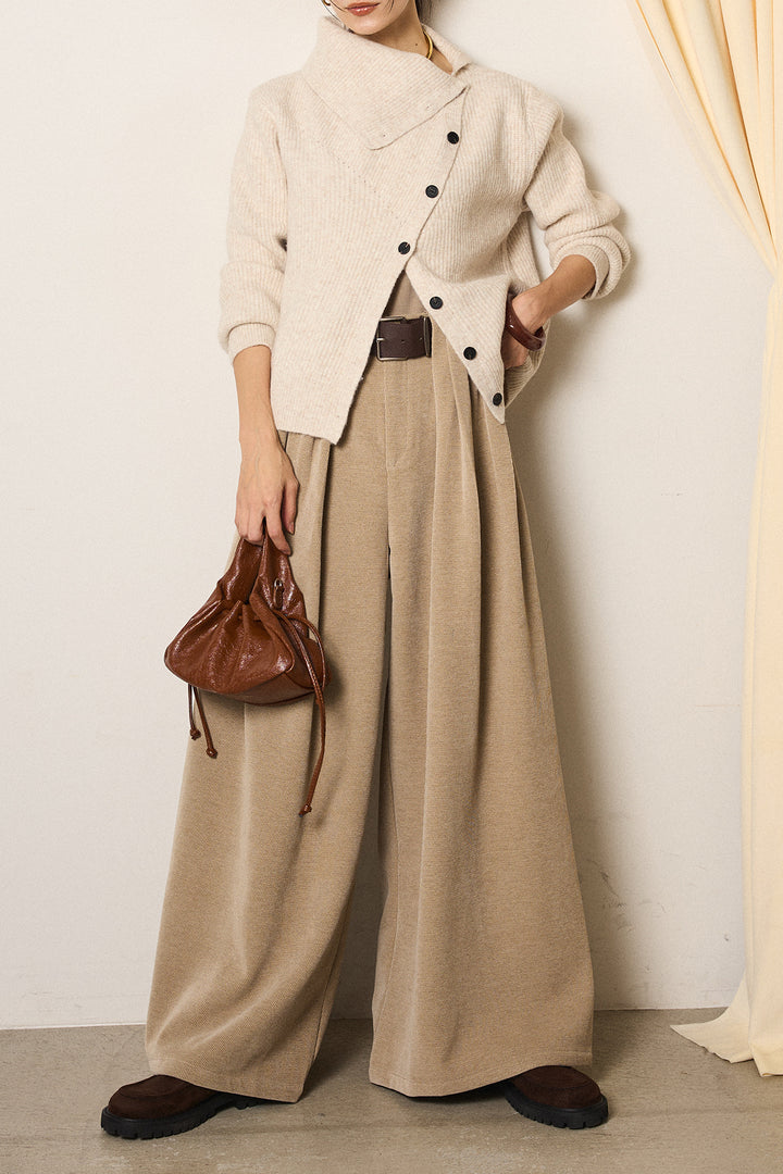 [SET]ボタンデザインネックニットプルオーバー+ベルトループコーデュロイワイドパンツ(2set)